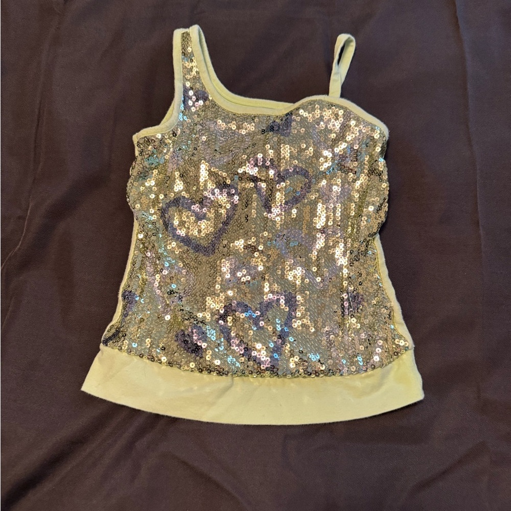 Justice Metallic Sequin Tank Top Asymmetrical Straps Silver Light Green Girls 8